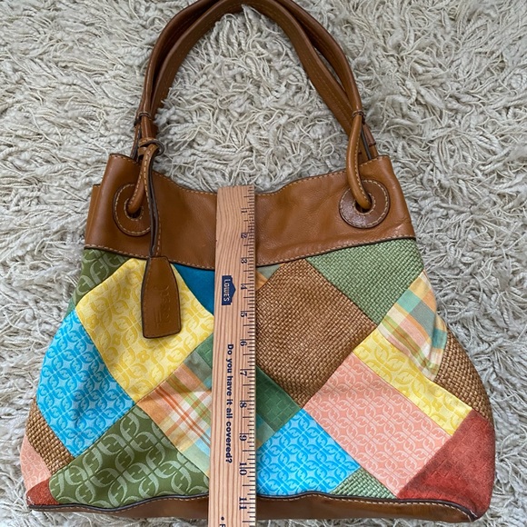 FOSSIL Large Leather Tote Vtg Patchwork Suede Canvas Boho Hobo Hippie - Picture 7 of 15